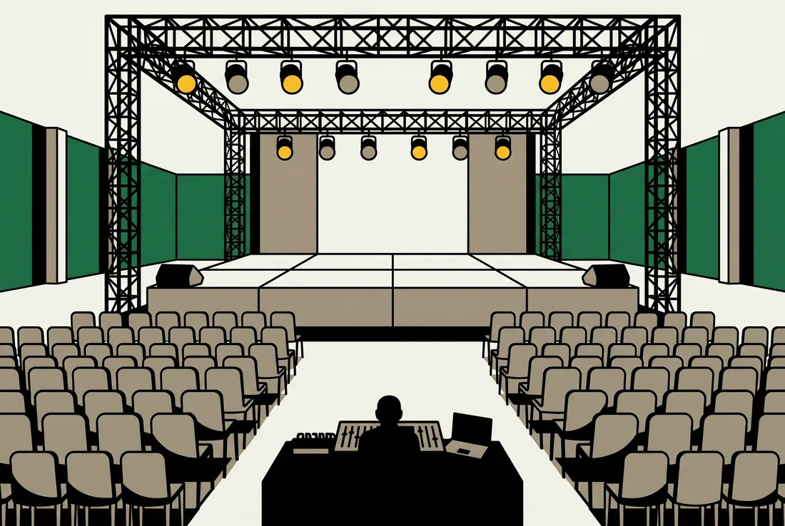 Flat poster illustration of an empty event hall with a stage under a lighting truss