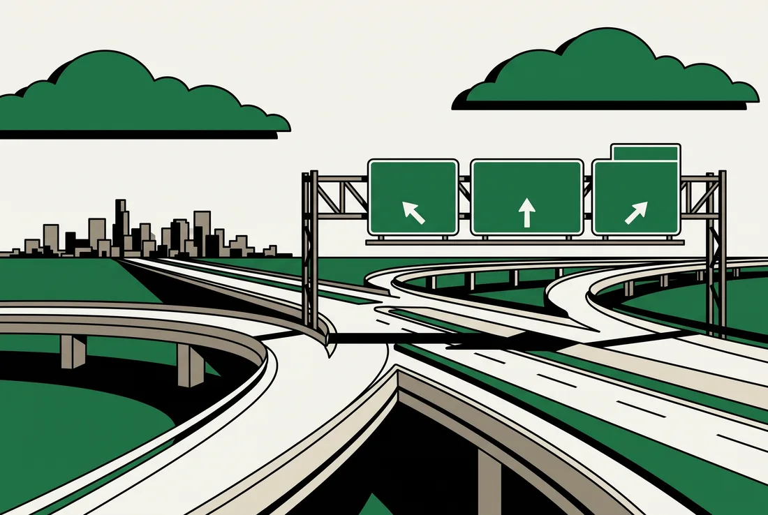 Flat poster illustration of a prairie freeway interchange with blank green overhead signs