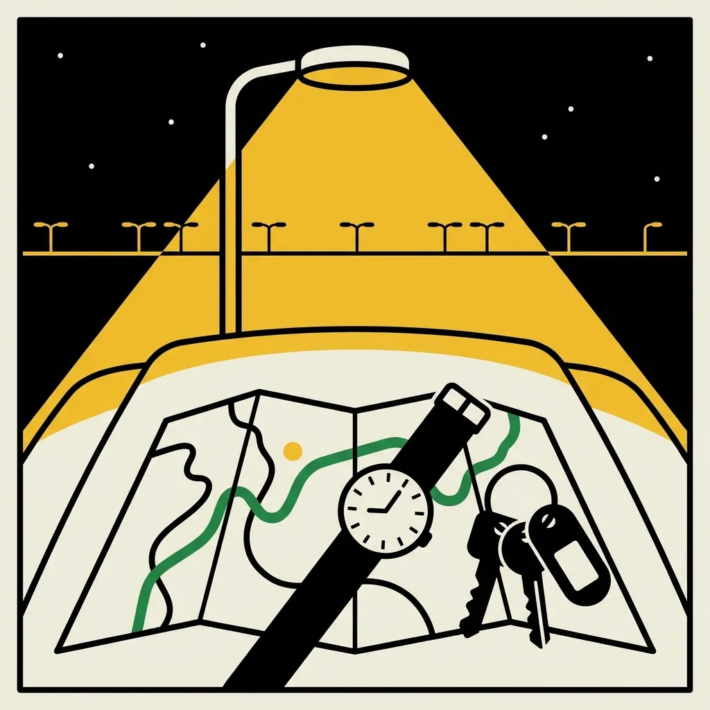Flat poster illustration of a road map, a wristwatch and car keys on a car hood under a street lamp at night