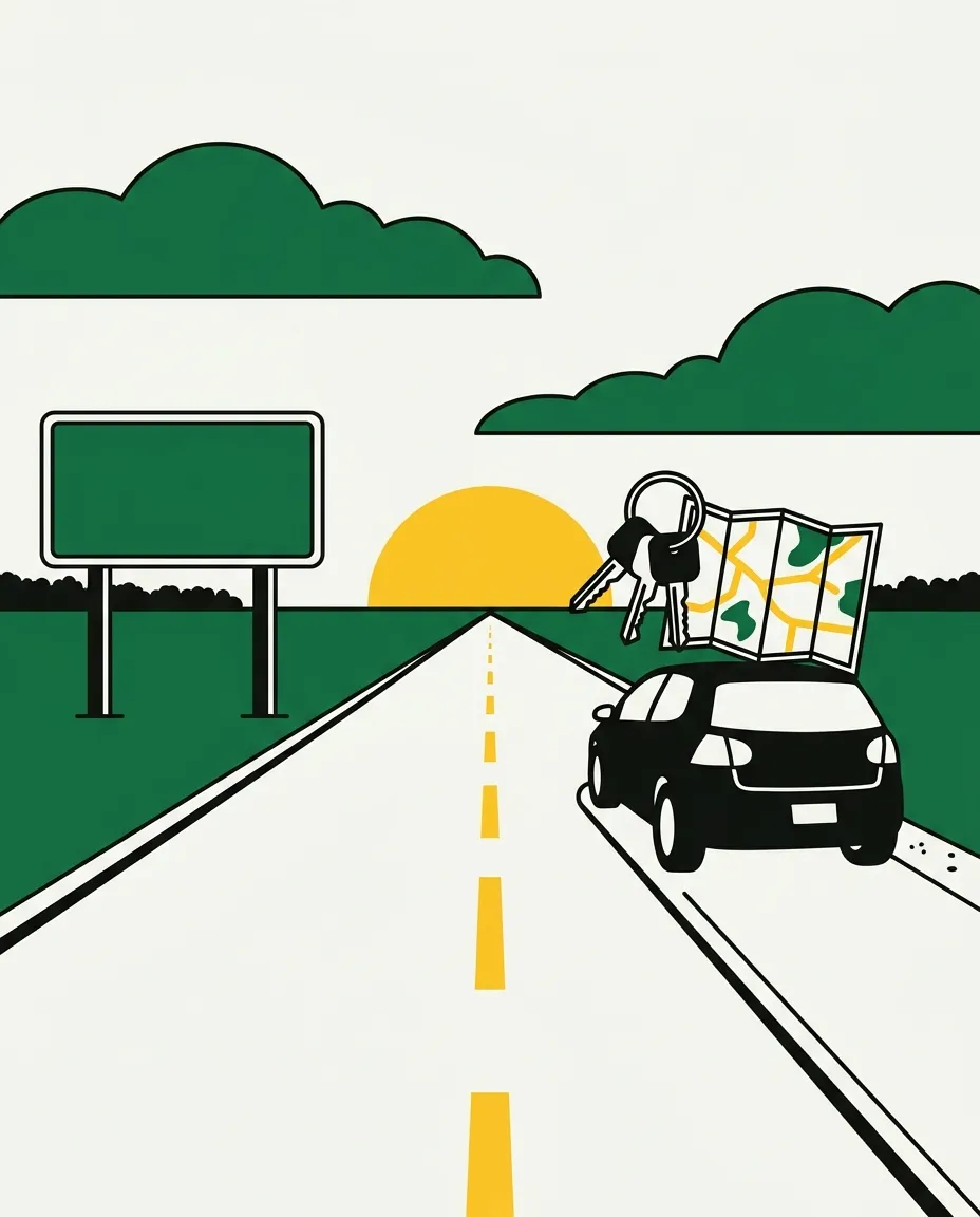 Flat poster illustration of a car parked on the shoulder of a straight prairie highway heading west, with keys and a folded map on its roof and a green highway sign for Enoch
